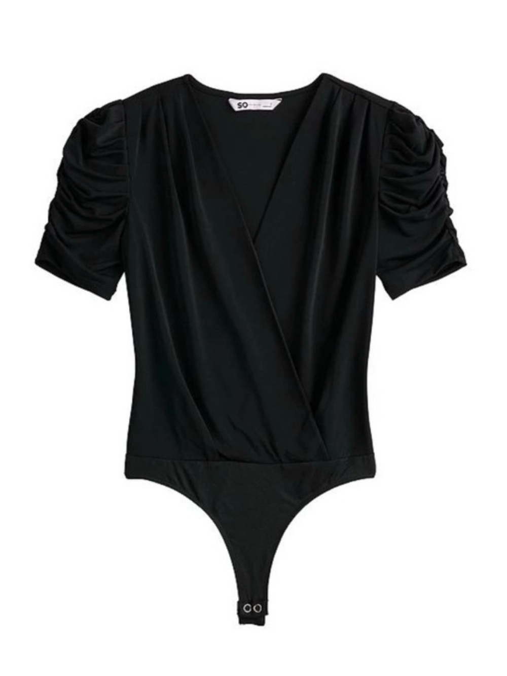 SO Black Surplice Bodysuit with Ruched Short Sleeves